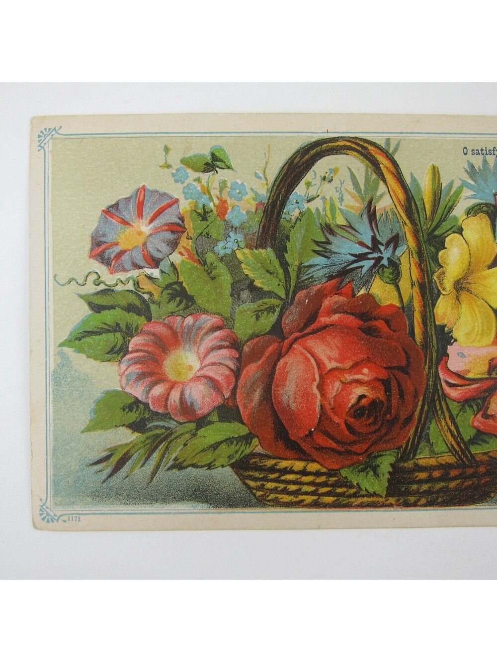 Victorian Greeting Card Basket Flowers Red Rose Pink Yellow Blue Floral Antique